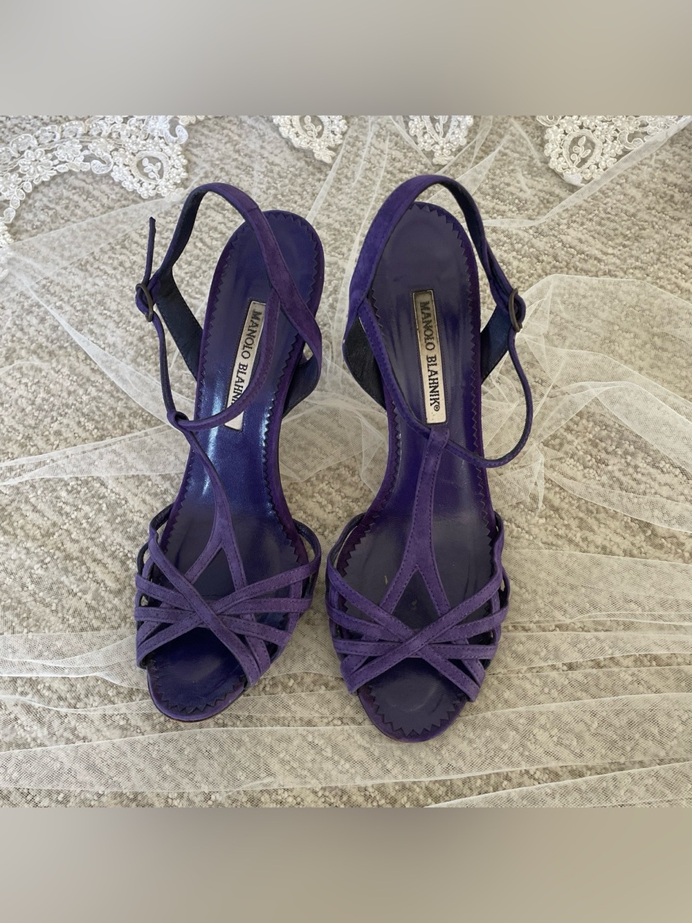 Manolo Blahnik Deep Purple Suede Strappy Slingback Heels